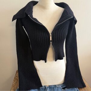 Papermoon Black Ribbed Cardigan with Zipper